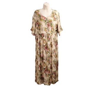 Vintage Rosey Tomato Sun Dress Roses Floral Rayon Cottagecore XL 20 Maxi
